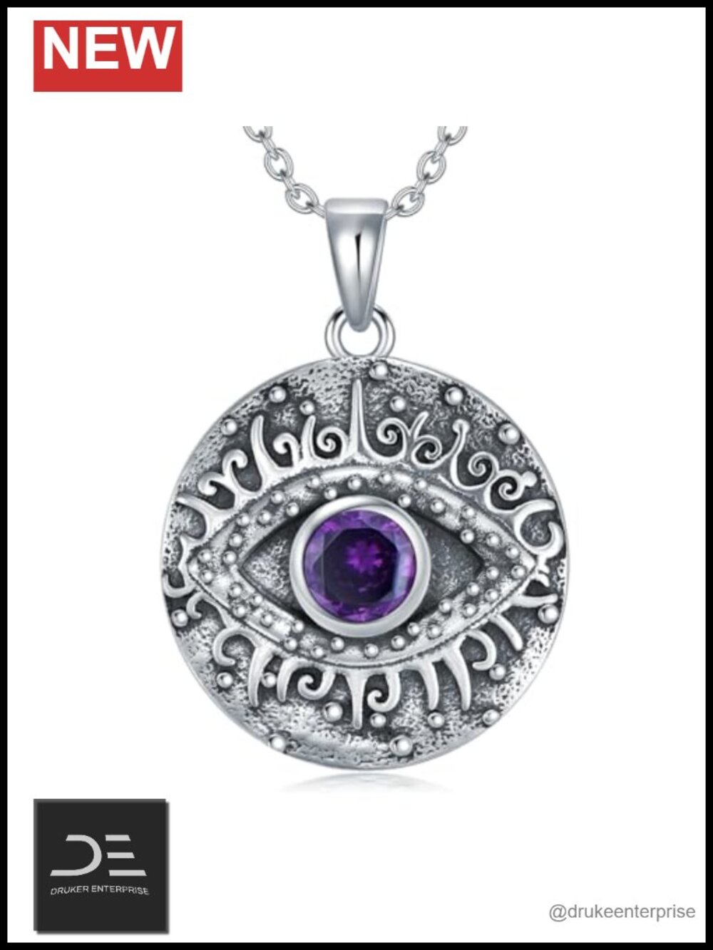 Genuine Amethyst Devil's Eye Pendant Necklace 925 Sterling Silver